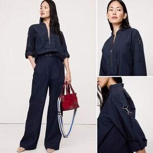 NWT Banana Republic Cotton Poplin Zip Popover Top XXS PETITE Navy Roll Tab Sleev